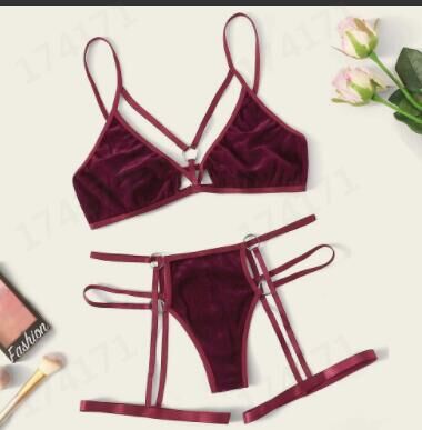 Image of European and American foreign trade underwear pajamas, gold velvet hollow see-through, sexy charm, three-point sexual affection underwear set source